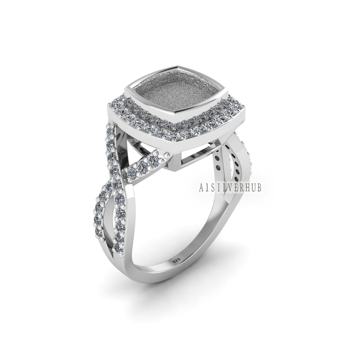 925 Sterling Solid Silver 8mm Cushion Blank Bezel with Surrounded CZ Setted Halo Ring, Good for Resin & Ashes Work, Breastmilk/Keepsake DIY