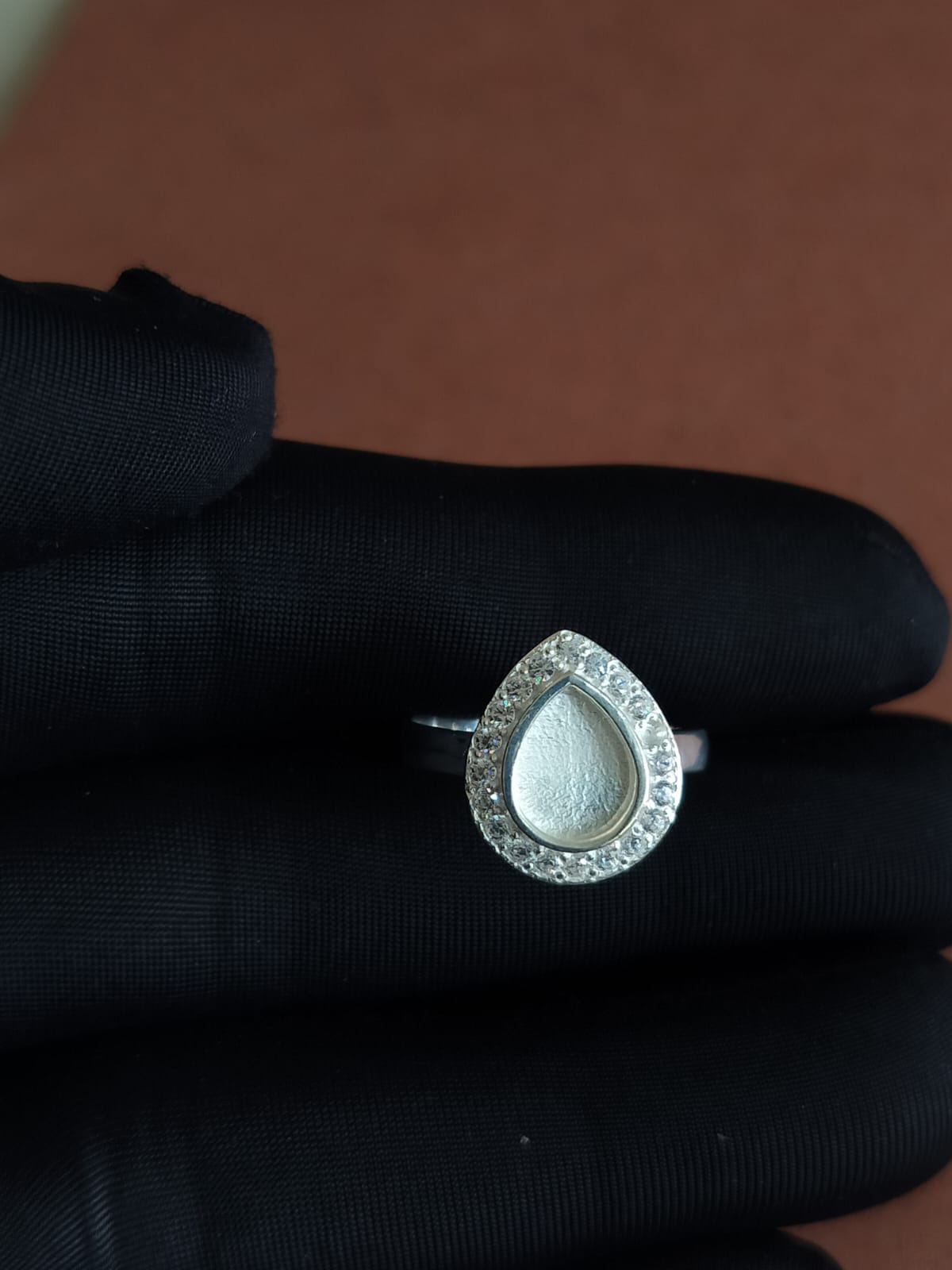 925 Sterling Solid Silver 8x10mm Pear Blank Bezel with CZ Setted Halo Ring, Good for Resin & Ashes Work, Breastmilk/Keepsake DIY