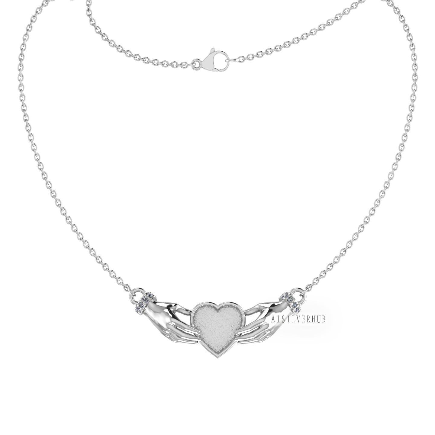 925 Sterling Silver, Iris Celtic Claddagh Necklace, 10mm Heart Blank Bezel Setting,Good for Pour Resin & Ashes Work, Breastmilk/Keepsake DIY