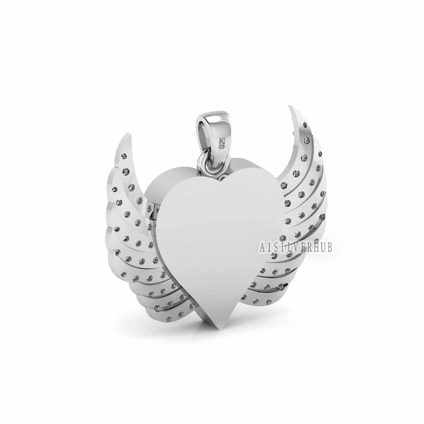 Heart with Angel Wings Zircon Setted Blank Bezel Pendant, 925 Sterling Silver, Good for Crush Opal, Resin & Ashes DIY Work, Keepsake Locket