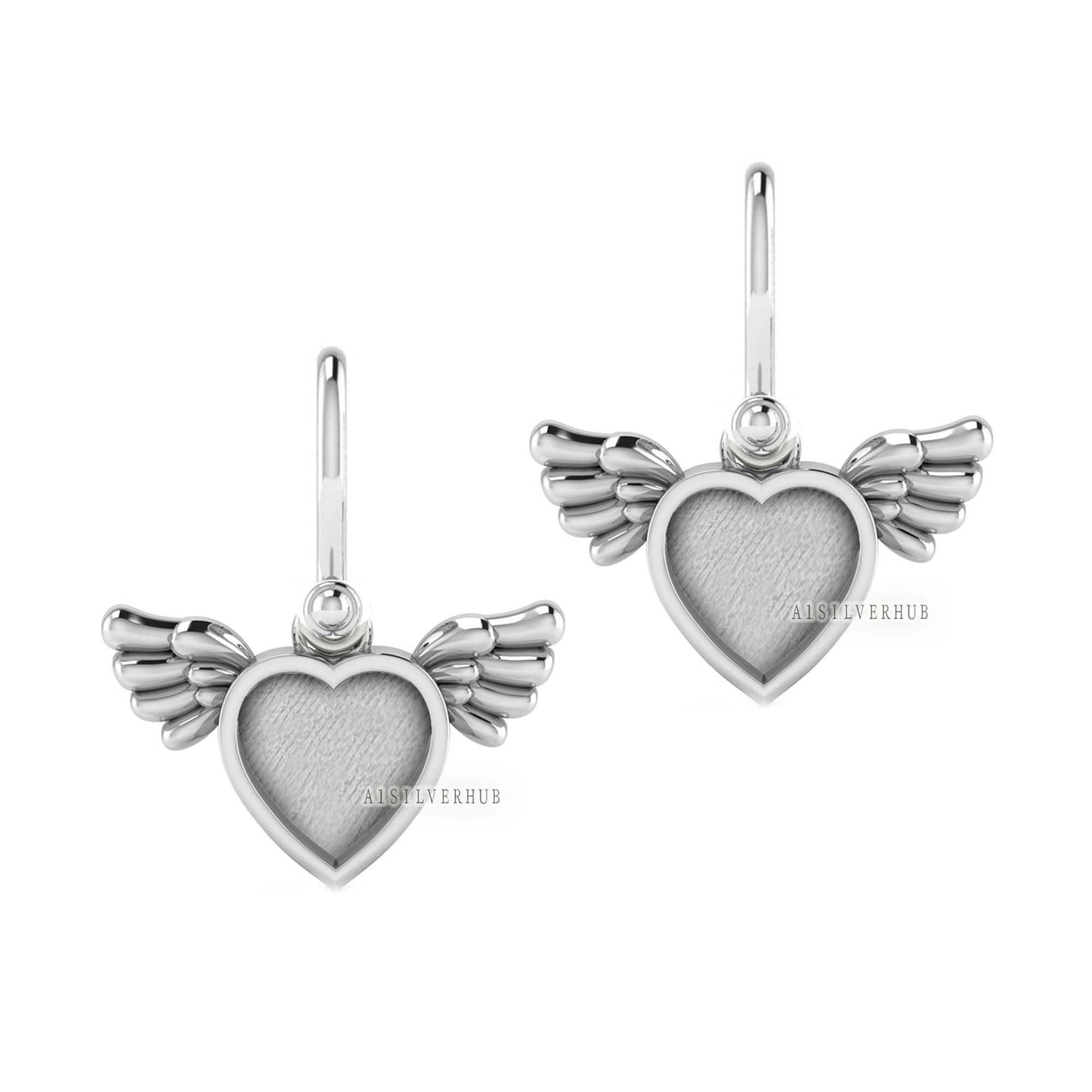 Angel Wings with Heart Shape Blank Bezel Dangle Earrings Setting, 925 Sterling Silver, Good for Resin & Ashes Work, Keepsake/Breastmilk DIY