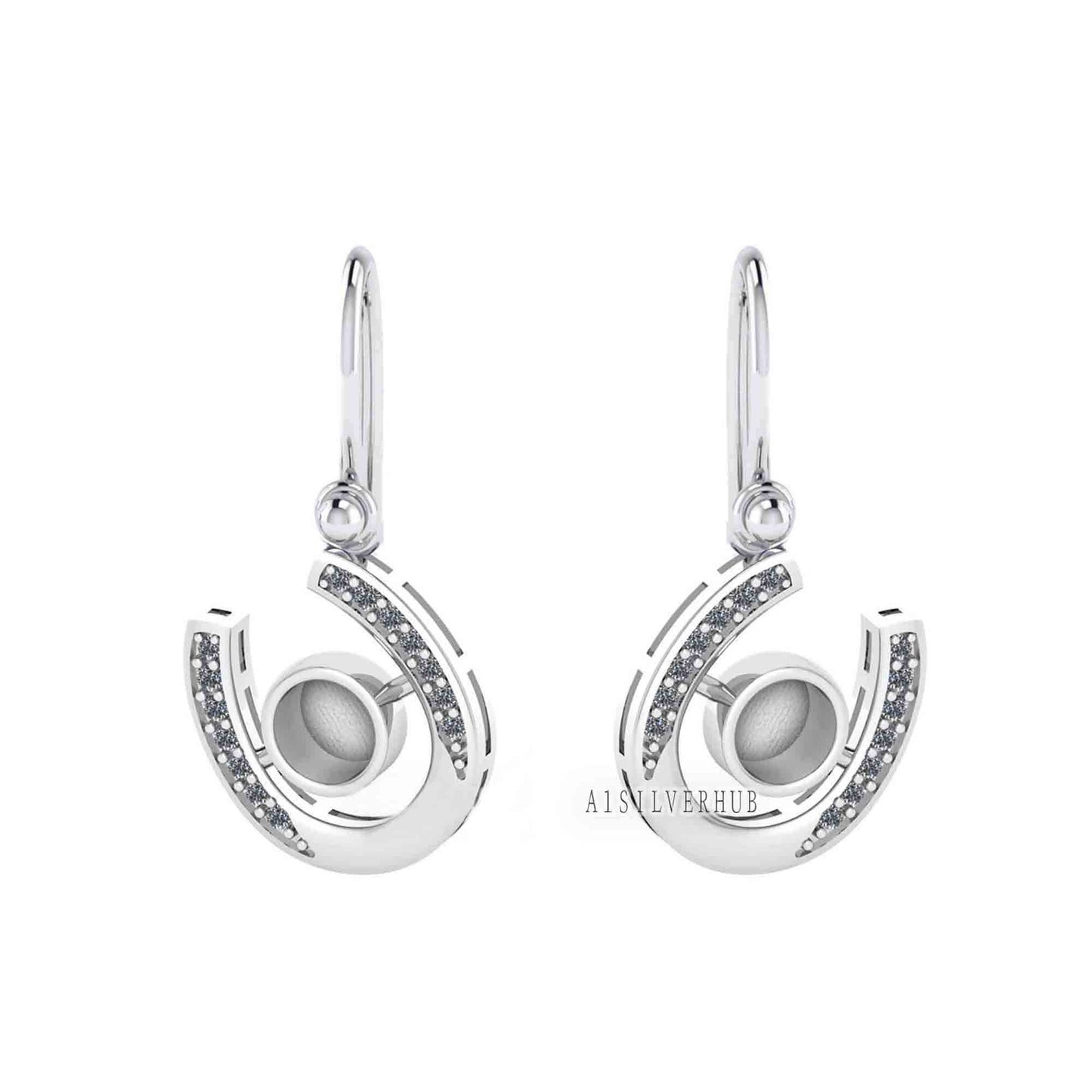925 Sterling Silver, Horseshoe Luck Dangle Earring, Round 5mm Blank Bezel Setting, Good for Pour Resin & Ashes Work, Breastmilk/Keepsake DIY