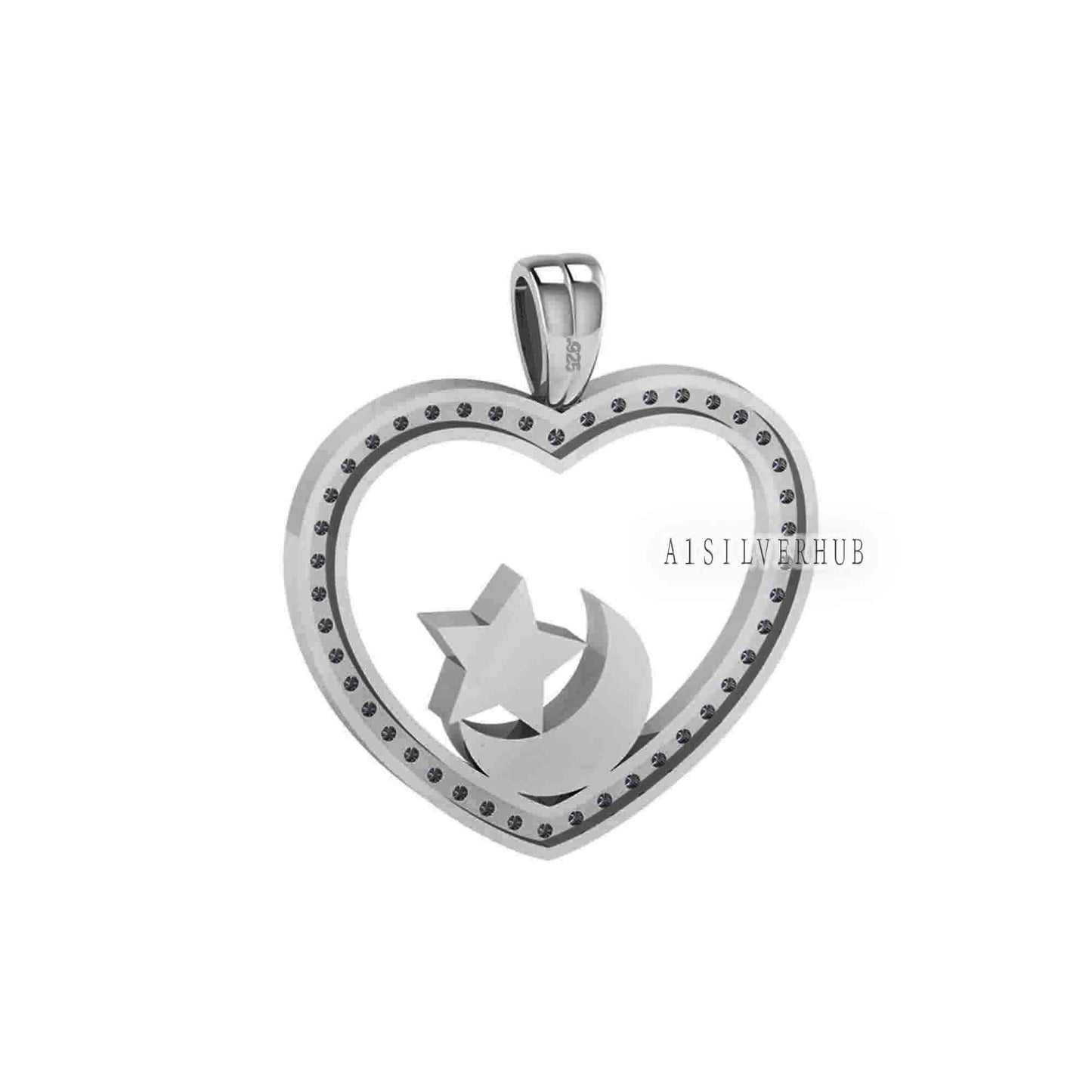 Heart with Zircon Setted Star Moon Blank Bezel Pendant, 925 Sterling Silver, Good for Resin & Ashes Work, Breastmilk/Keepsake DIY, Locket