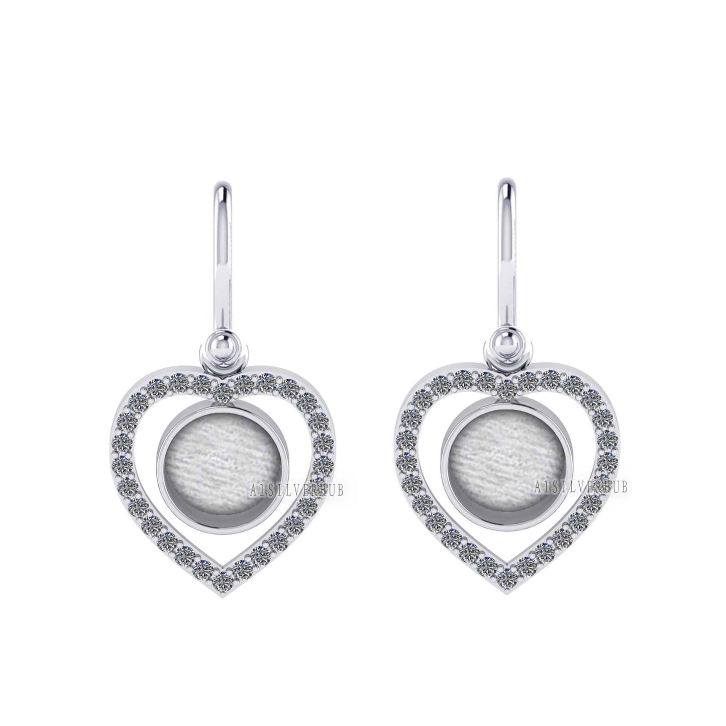 Heart with Zircon Setted 10mm Round Blank Bezel Dangle Earrings, 925 Sterling Silver, Good for Resin & Ashes, Breastmilk DIY, Keepsake Gifts