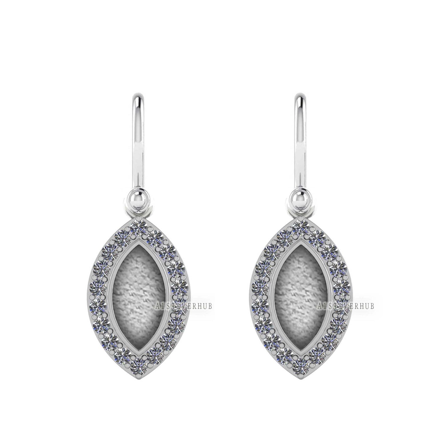 Marquise Shape 6x12mm Blank Bezel Dangle Earrings with CZ Setted, 925 Sterling Silver, Good for Resin & Ashes Work, Keepsake Jewelry Crafts