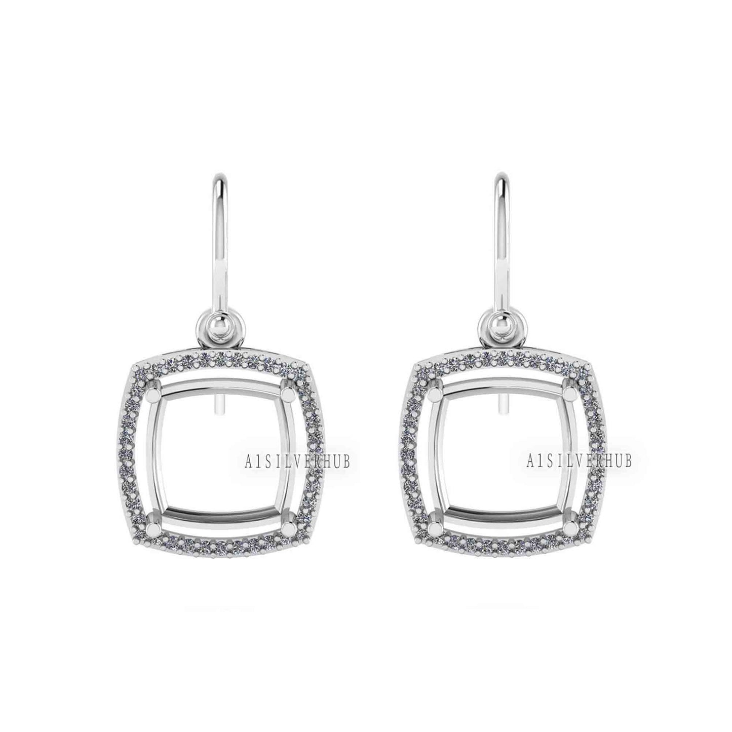 Solitaire Cushion Blank Pre Notched Dangle Earrings with Zircon Setted, 925 Sterling Silver Semi Mounting, Good for Gemstone, Memorial Gifts
