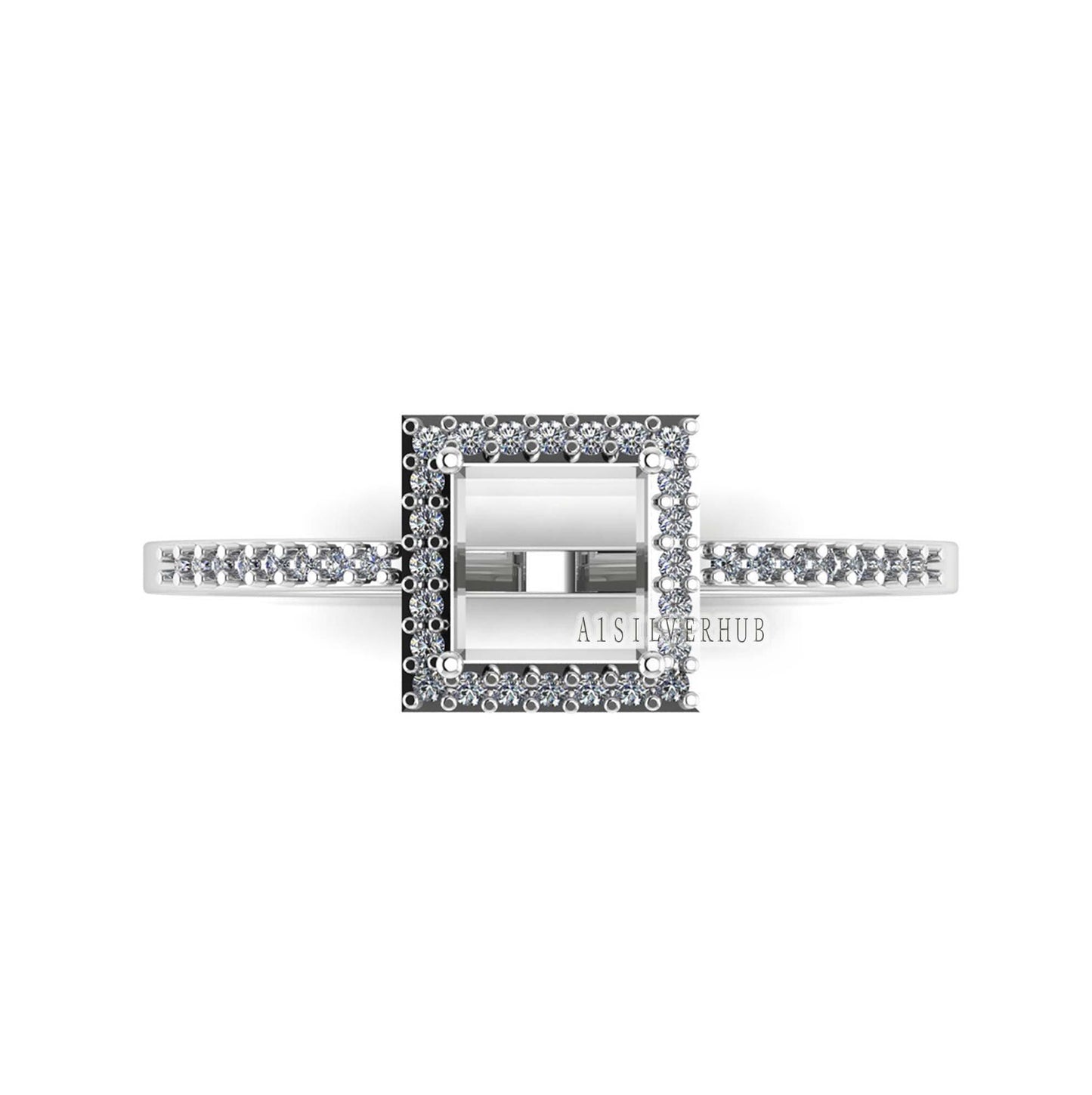 925 Sterling Solid Silver 8x8mm Square Blank Prong with CZ Setted Band Ring Setting, For Gemstone, Keepsake DIY Crafts, Engagement Rings
