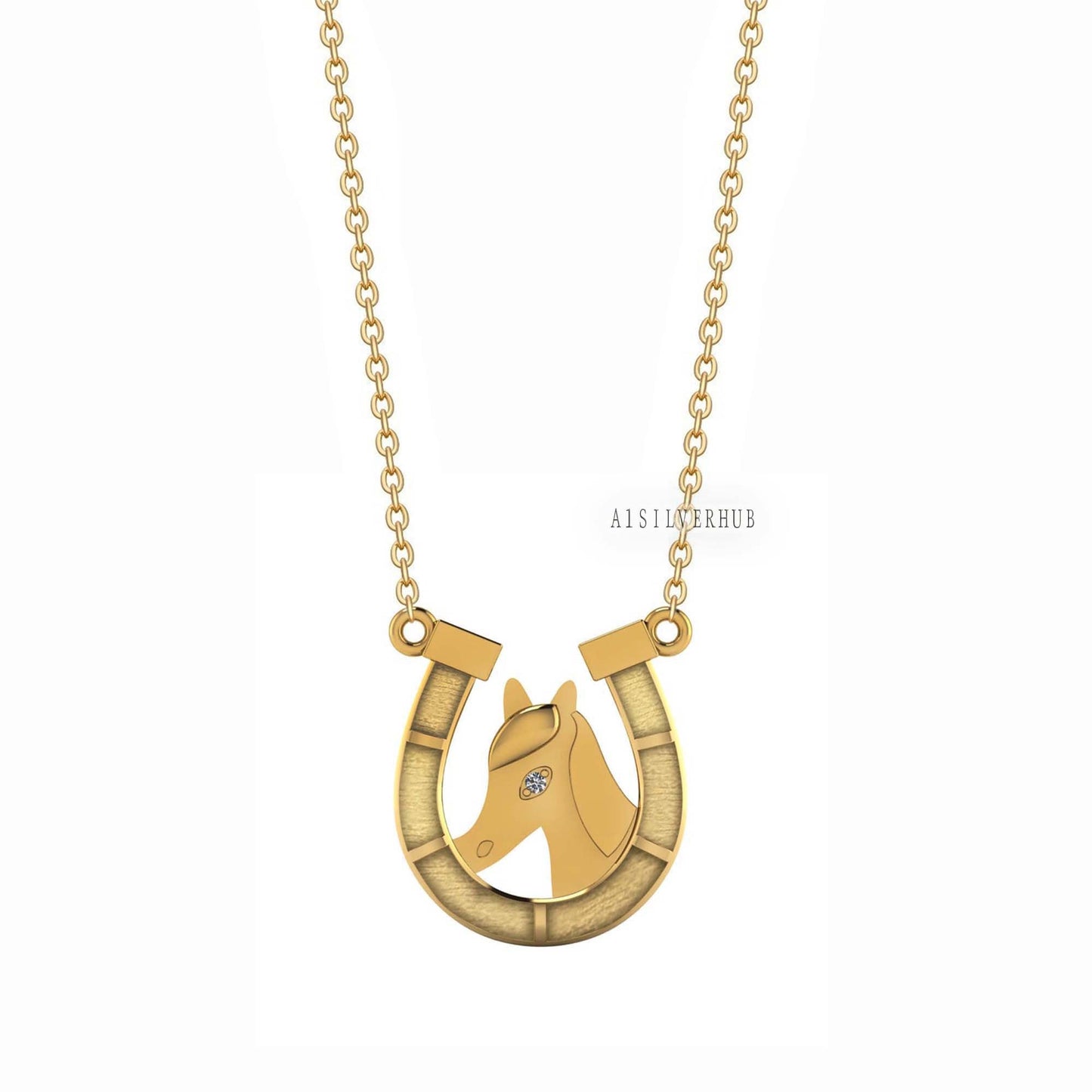 925 Sterling Silver Horse Face with Horseshoe Blank Bezel Necklace, Good for Resin & Ashes Work, Keepsake/Breastmilk DIY, 16''+2'' Chain