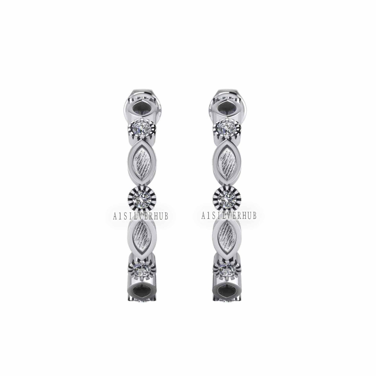 925 Sterling Solid Silver Marquise Blank Bezel with CZ Setted Eternity Hoop Earrings, Good for Resin & Ashes Keepsake/Breastmilk DIY Work