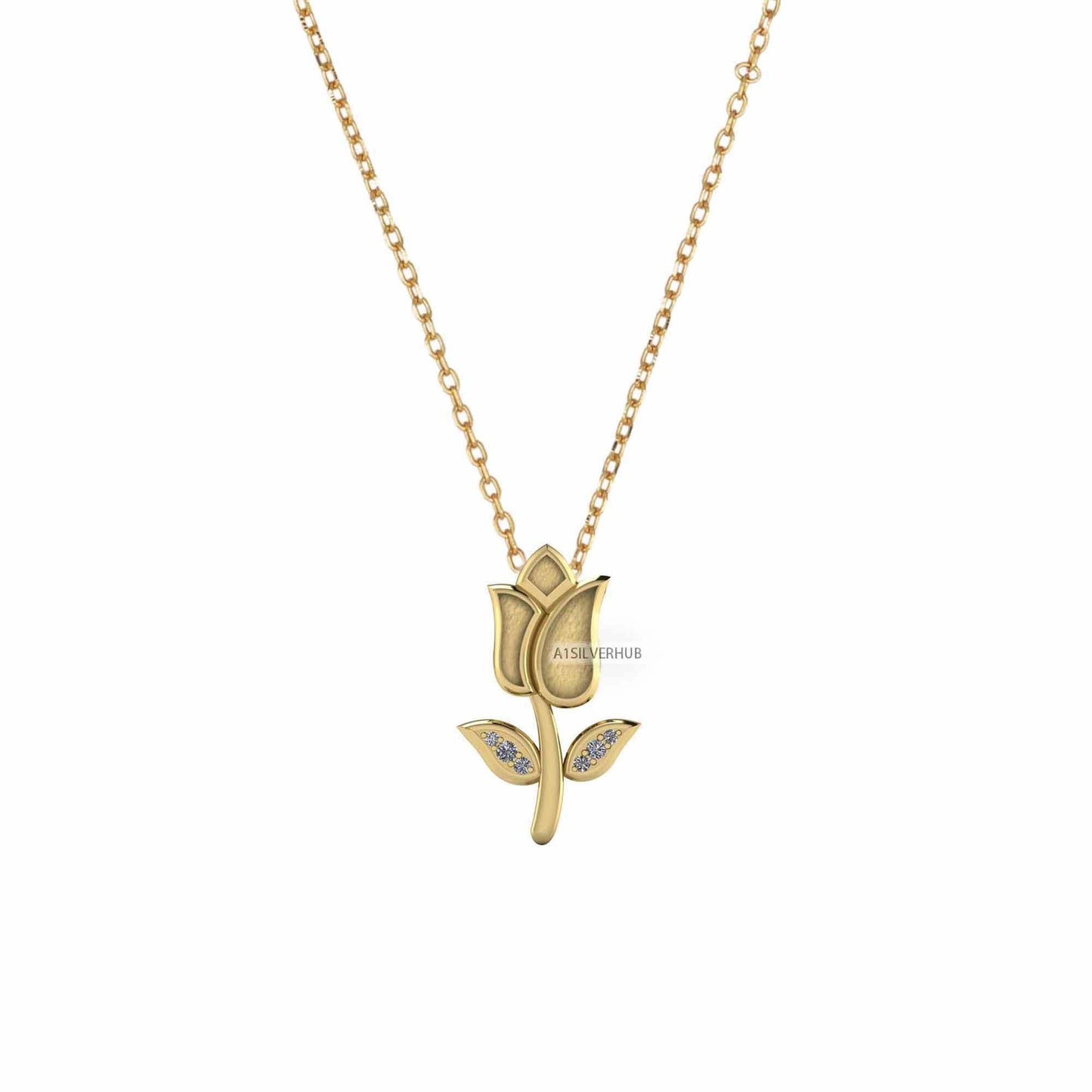 925 Sterling Silver Tulip Flower Blank Bezel CZ Set Leaf Floral Necklace, Good for Resin & Ashes Work,Keepsake/Breastmilk DIY 16''+2'' Chain