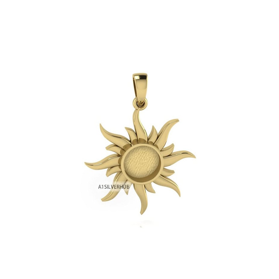 925 Sterling Silver Pendant, Auspicious Sun Round 8.5mm Blank Bezel Pendant Setting, Good for Resin & Ashes Work, Keepsake Jewelry DIY Craft