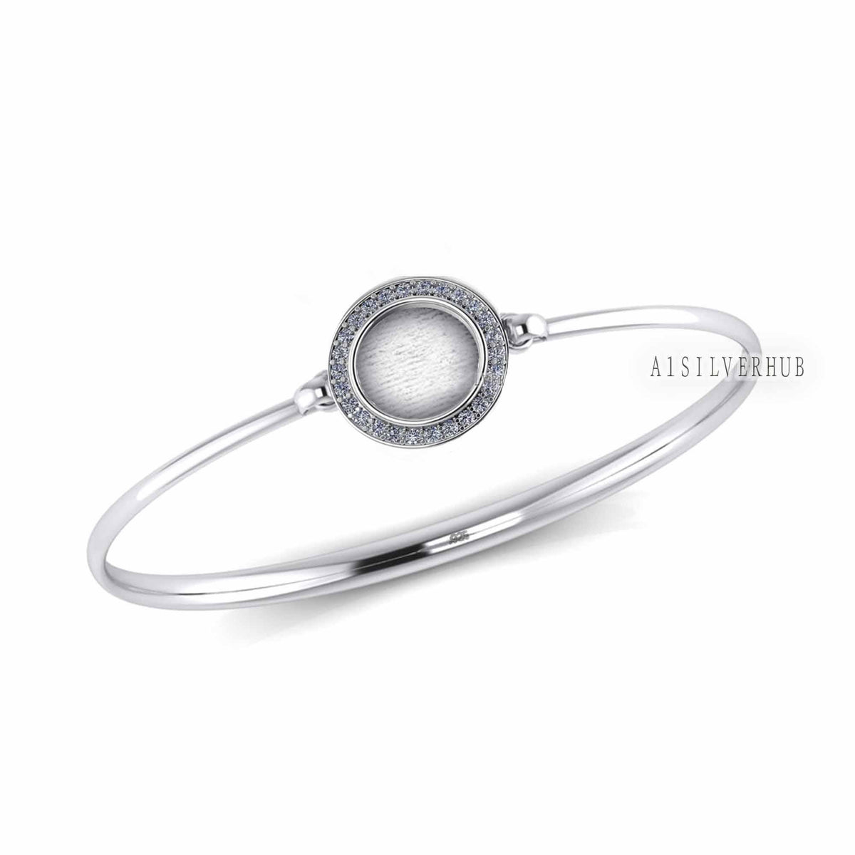 925 Sterling Solid Silver 10mm Round CZ Setted Blank Bezel Bangle with hook clasp, Good for Resin & Ashes Work, Keepsake/Breastmilk DIY