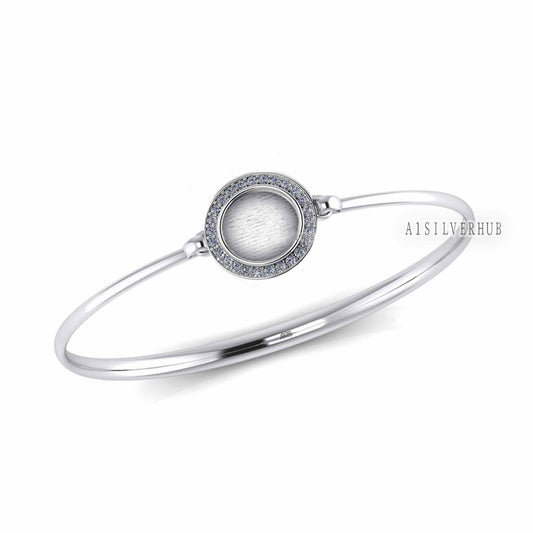 925 Sterling Solid Silver 10mm Round CZ Setted Blank Bezel Bangle with hook clasp, Good for Resin & Ashes Work, Keepsake/Breastmilk DIY