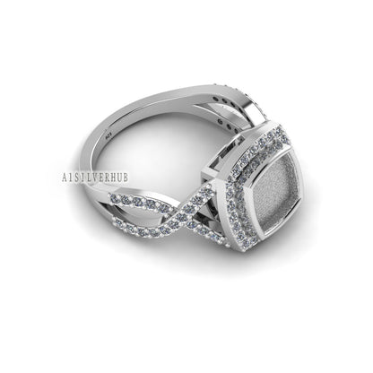 925 Sterling Solid Silver 8mm Cushion Blank Bezel with Surrounded CZ Setted Halo Ring, Good for Resin & Ashes Work, Breastmilk/Keepsake DIY