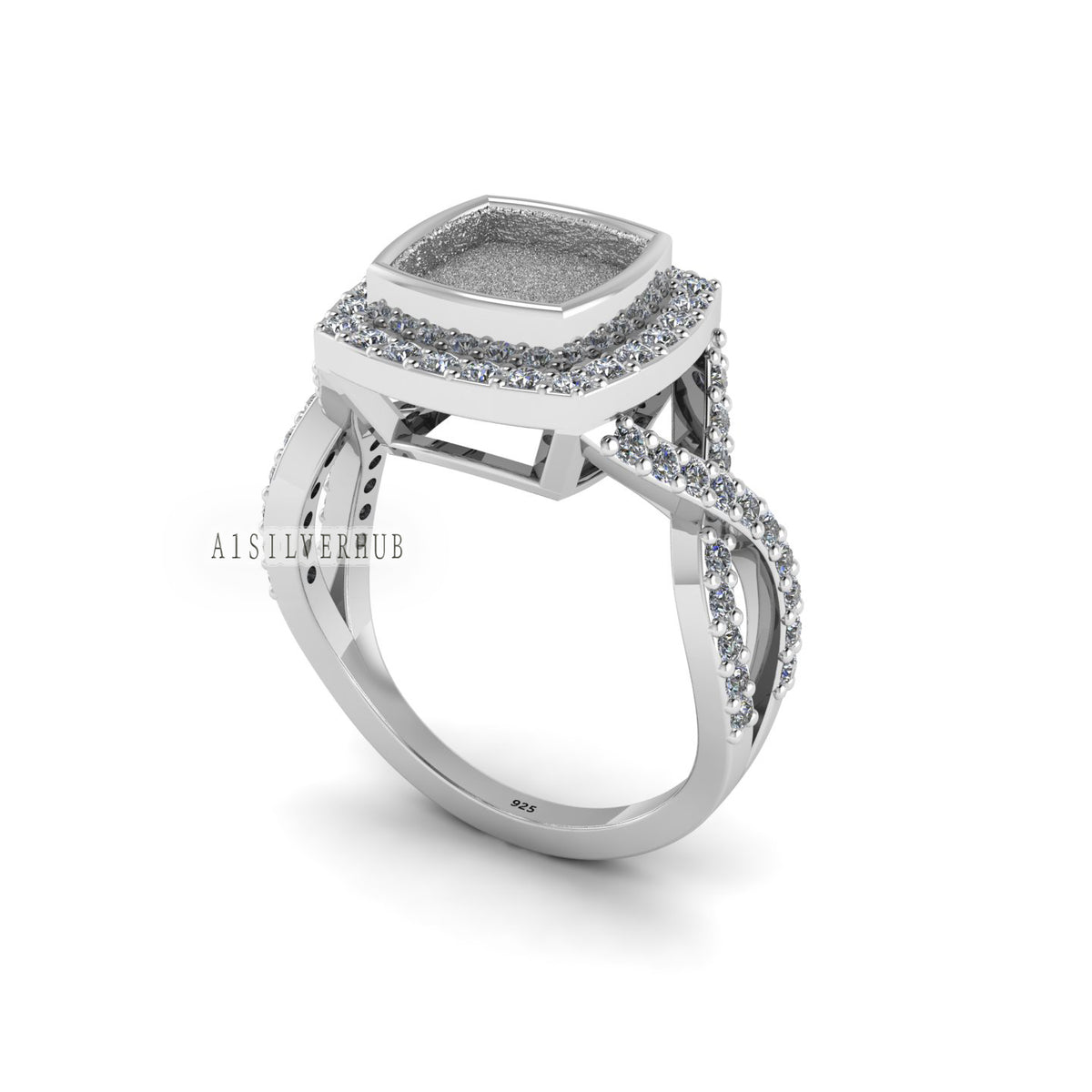 925 Sterling Solid Silver 8mm Cushion Blank Bezel with Surrounded CZ Setted Halo Ring, Good for Resin & Ashes Work, Breastmilk/Keepsake DIY