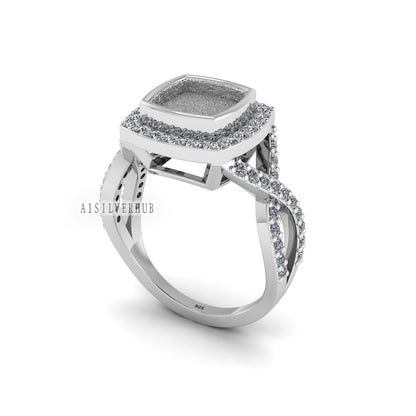 925 Sterling Solid Silver 8mm Cushion Blank Bezel with Surrounded CZ Setted Halo Ring, Good for Resin & Ashes Work, Breastmilk/Keepsake DIY