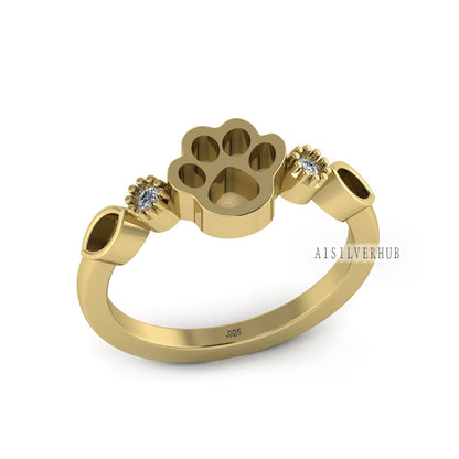 925 Sterling Solid Silver 8mm Dog Paw & Marquise Blank Bezel with CZ Setted Ring, Good for Resin Ashes Work, Keepsake/Breastmilk, DIY Crafts