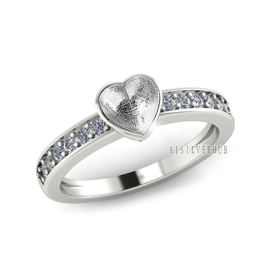 925 Sterling Solid Silver 6mm Heart Blank Bezel with CZ Setted on Band Ring, Good for Resin & Ashes Breastmilk DIY Work, Keepsake Jewelry