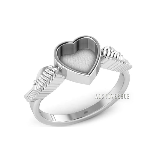 925 Sterling Solid Silver 8x8mm Heart Blank Bezel with Angel Wings Ring Setting, Good for Resin & Ashes Work, Breastmilk Keepsake DIY Crafts