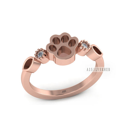 925 Sterling Solid Silver 8mm Dog Paw & Marquise Blank Bezel with CZ Setted Ring, Good for Resin Ashes Work, Keepsake/Breastmilk, DIY Crafts