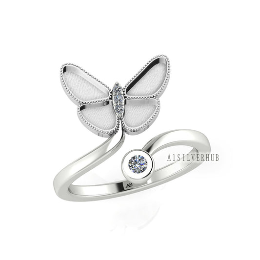 925 Sterling Silver Ring, Butterfly Blank Bezel, CZ Setted Insect Adjustable Ring, Good for Resin & Ashes , Keepsake/Breastmilk DIY Crafts