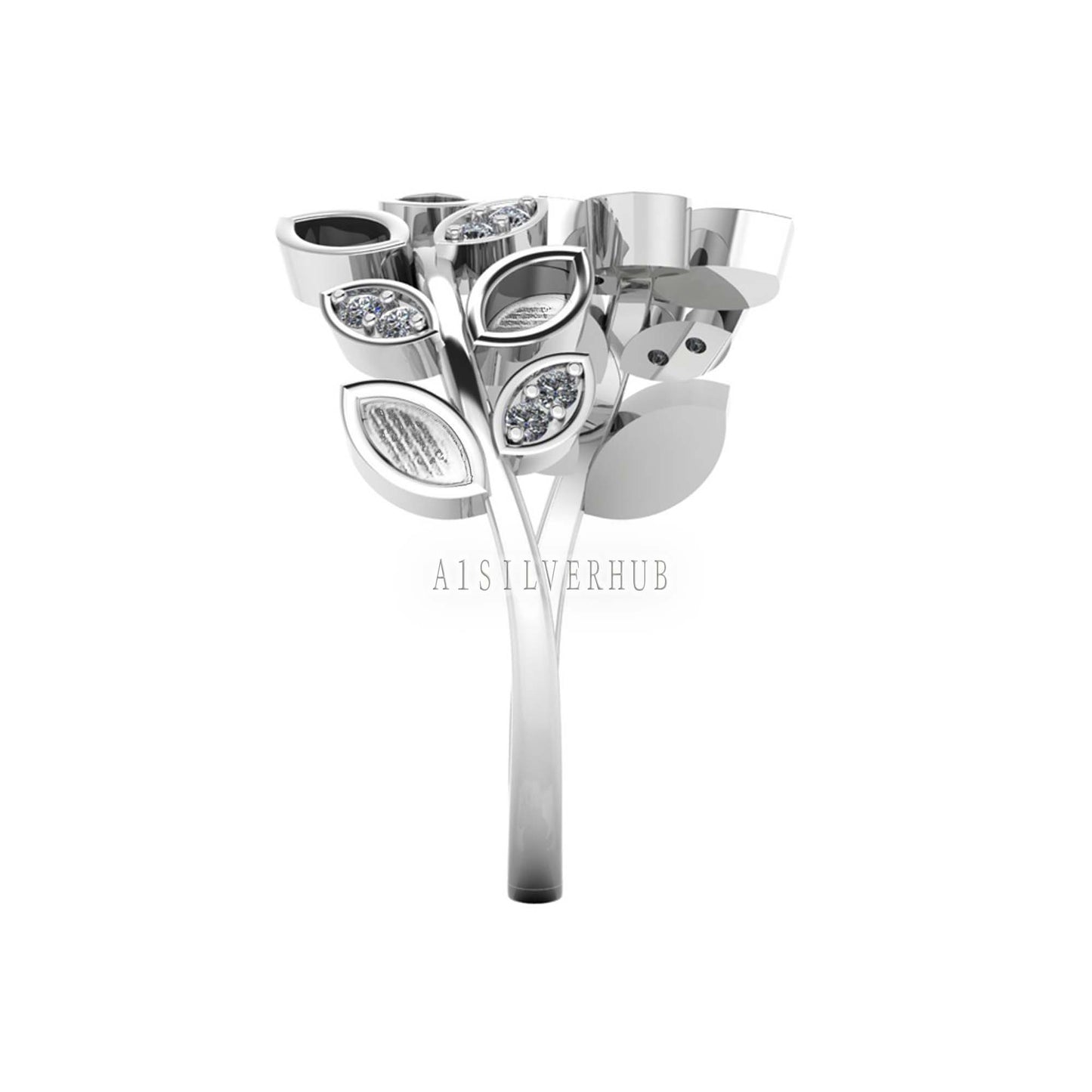 925 Sterling Solid Silver 2x4mm Leaf Design Blank Bezel with Zircon Setted Ring, Good for Resin & Ashes Breastmilk DIY Work, Keepsake Ring