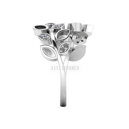 925 Sterling Solid Silver 2x4mm Leaf Design Blank Bezel with Zircon Setted Ring, Good for Resin & Ashes Breastmilk DIY Work, Keepsake Ring