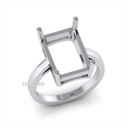 925 Sterling Solid Silver 6x4mm to 13x18mm Rectangle Blank 4 Prong Settings Stackable Ring, Good For Gemstone, Keepsake, Memorial DIY Crafts