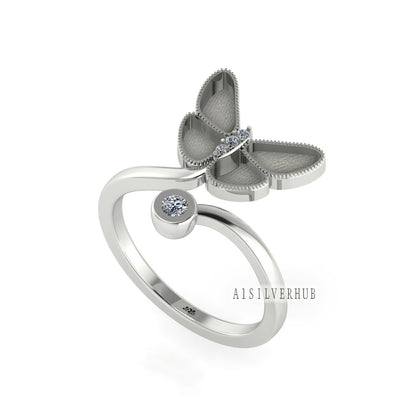 925 Sterling Silver Ring, Butterfly Blank Bezel, CZ Setted Insect Adjustable Ring, Good for Resin & Ashes , Keepsake/Breastmilk DIY Crafts