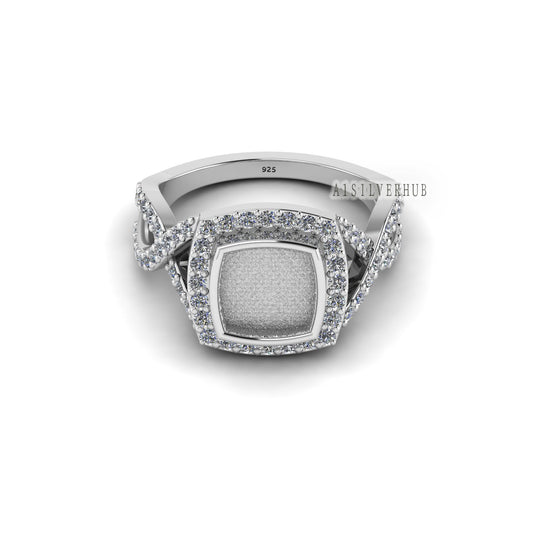 925 Sterling Solid Silver 8mm Cushion Blank Bezel with Surrounded CZ Setted Halo Ring, Good for Resin & Ashes Work, Breastmilk/Keepsake DIY