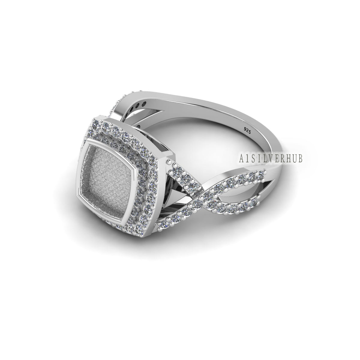 925 Sterling Solid Silver 8mm Cushion Blank Bezel with Surrounded CZ Setted Halo Ring, Good for Resin & Ashes Work, Breastmilk/Keepsake DIY
