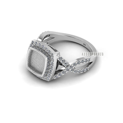 925 Sterling Solid Silver 8mm Cushion Blank Bezel with Surrounded CZ Setted Halo Ring, Good for Resin & Ashes Work, Breastmilk/Keepsake DIY