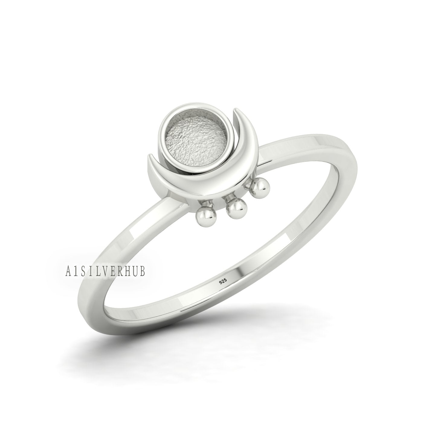 925 Sterling Solid Silver Half Moon with 4mm Round Shape Blank Bezel Ring Setting, Good for Resin & Ashes Work, Keepsake Breastmilk DIY Craft