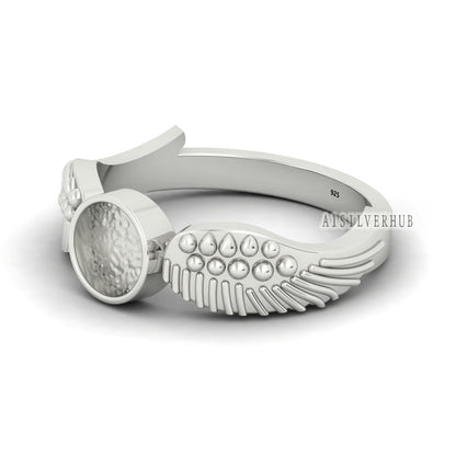 925 Sterling Solid Silver 6mm Round Blank Bezel with Angel Wings Ring Setting, Good for Resin & Ashes Work, Breastmilk Keepsake DIY Crafts