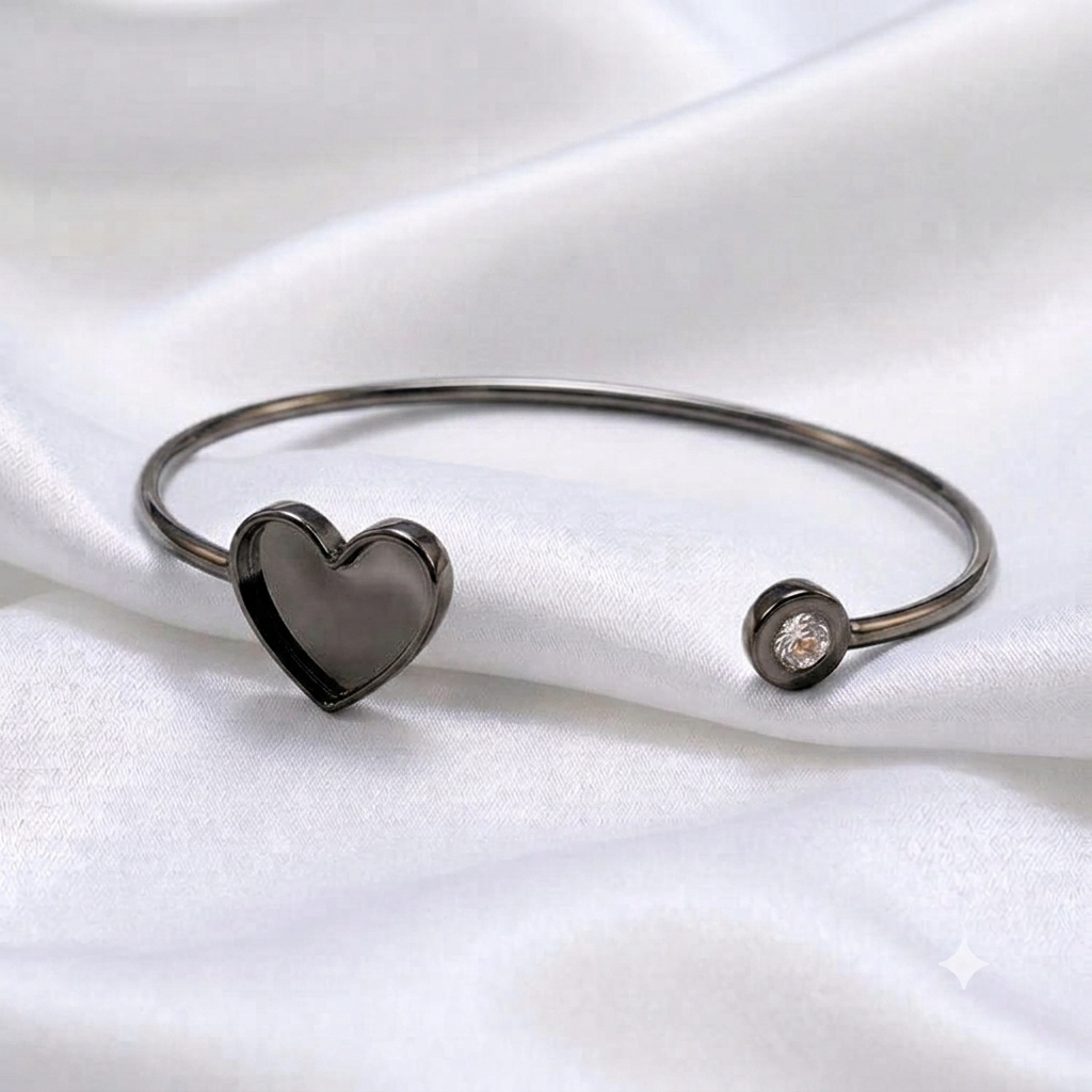925 Sterling Solid Silver 13x13mm Heart Blank Bezel with CZ Adjustable Band Cuff Bracelet/Bangle DIY, Good for Resin & Ashes Work, Keepsakes