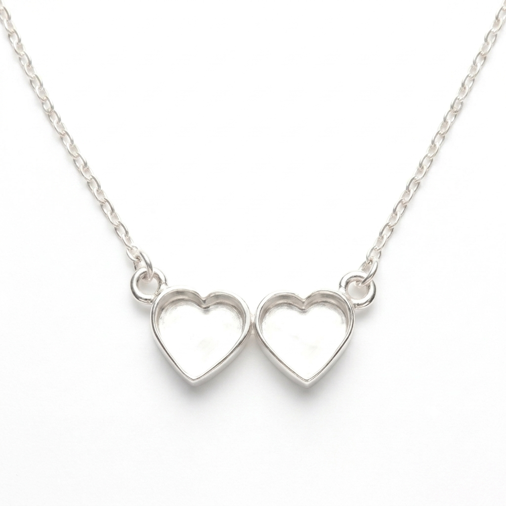 925 Sterling Silver 12x12mm Double Heart Blank Bezel Necklace, Good for Resin & Ashes Work, Keepsake/Breastmilk DIY 16''+2'' Chain