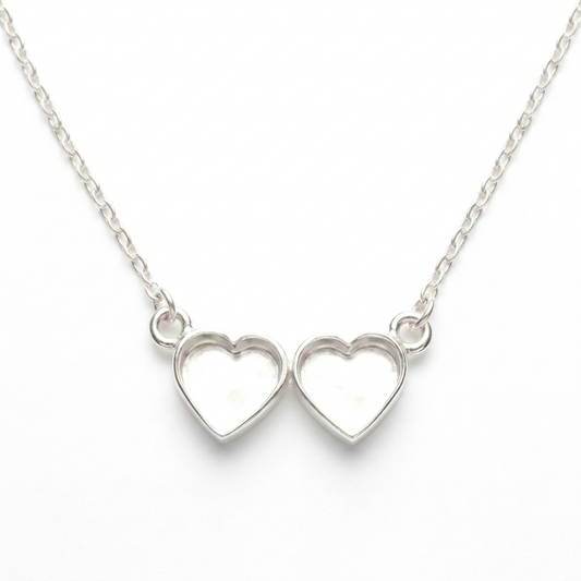 925 Sterling Silver 12x12mm Double Heart Blank Bezel Necklace, Good for Resin & Ashes Work, Keepsake/Breastmilk DIY 16''+2'' Chain