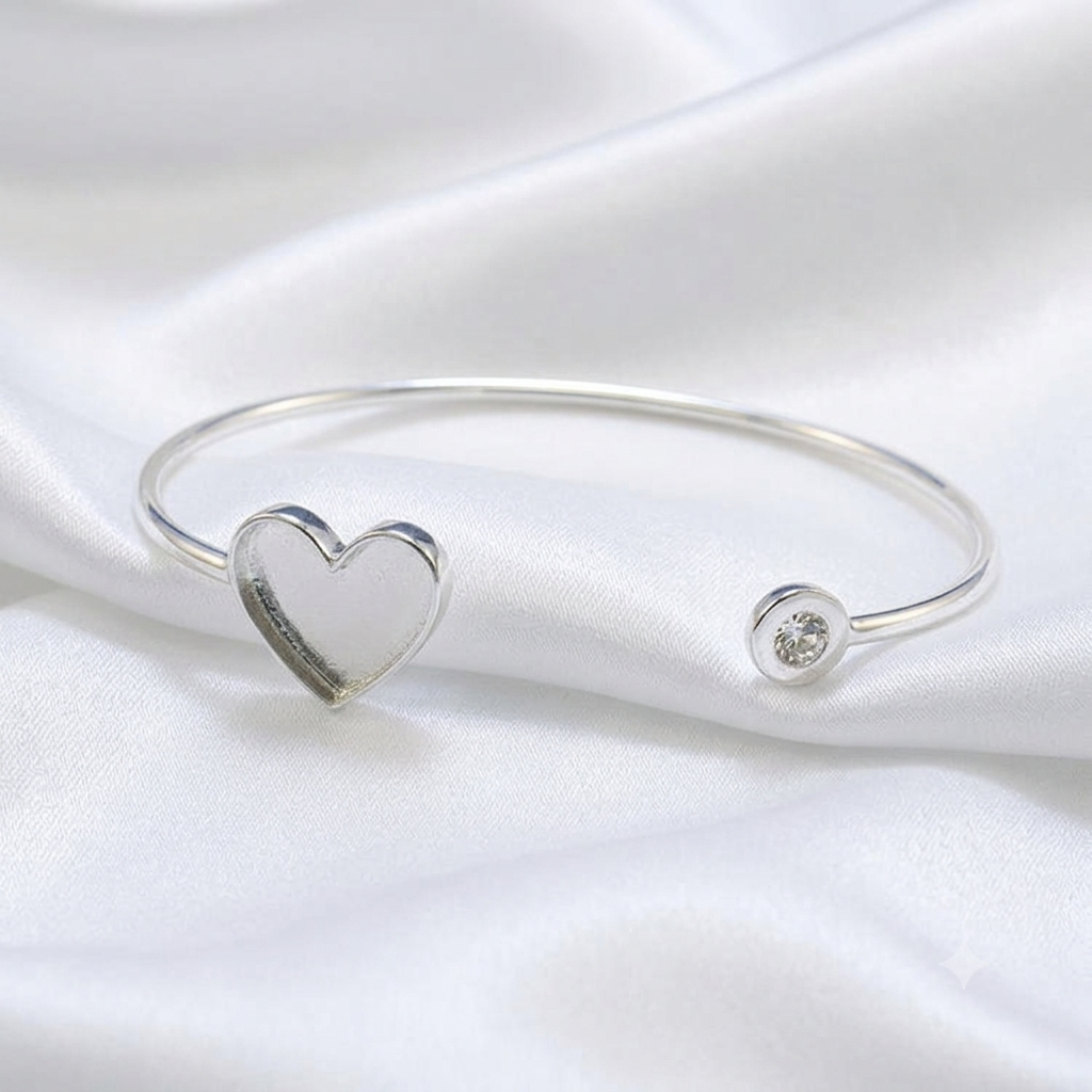 925 Sterling Solid Silver 13x13mm Heart Blank Bezel with CZ Adjustable Band Cuff Bracelet/Bangle DIY, Good for Resin & Ashes Work, Keepsakes