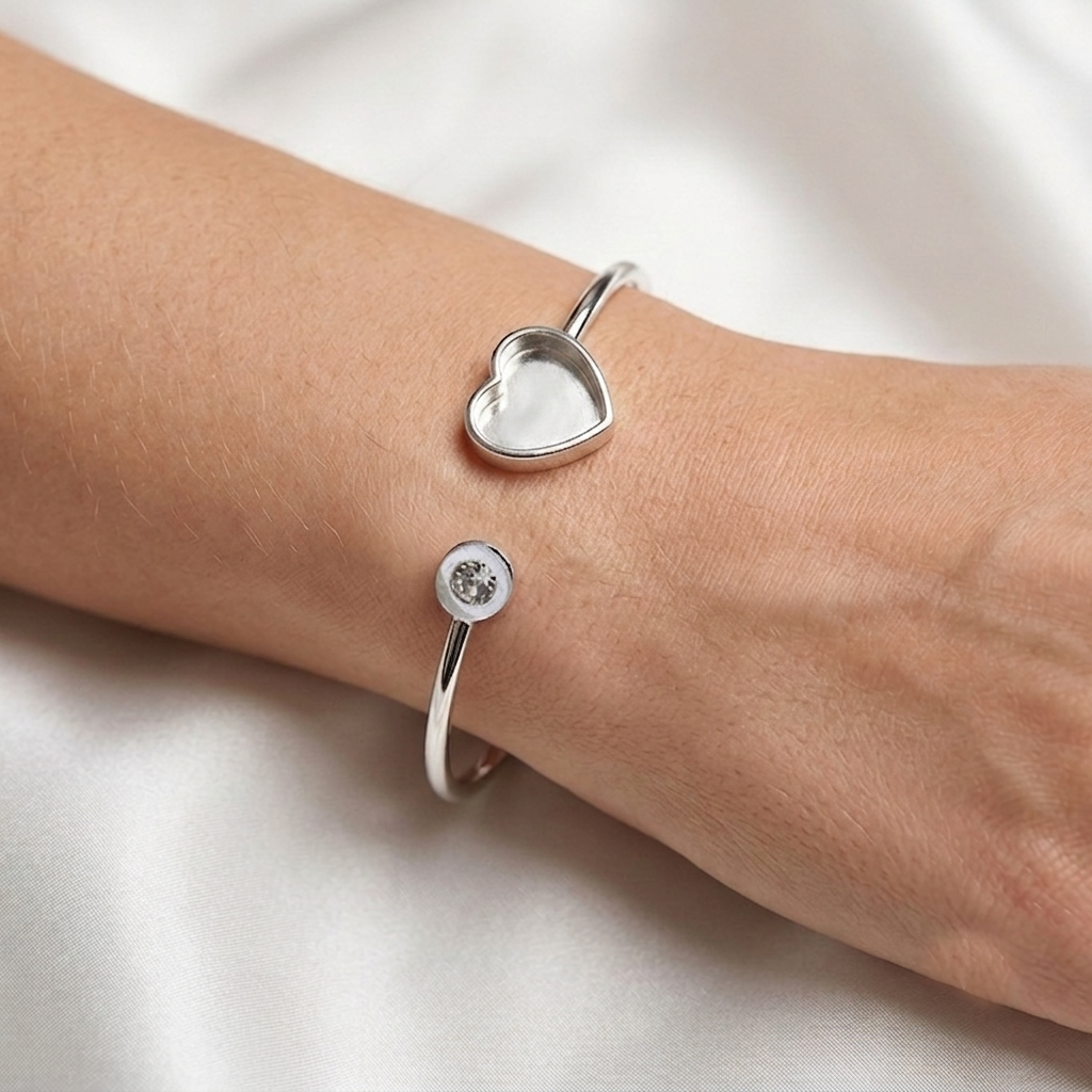 925 Sterling Solid Silver 13x13mm Heart Blank Bezel with CZ Adjustable Band Cuff Bracelet/Bangle DIY, Good for Resin & Ashes Work, Keepsakes