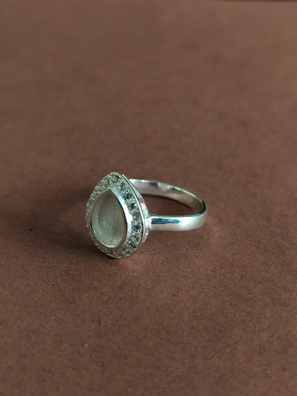 925 Sterling Solid Silver 8x10mm Pear Blank Bezel with CZ Setted Halo Ring, Good for Resin & Ashes Work, Breastmilk/Keepsake DIY