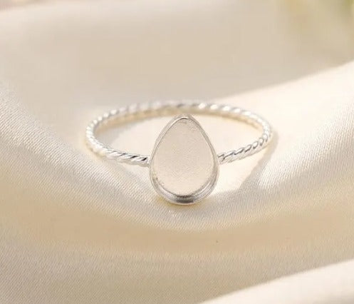 925 Sterling Solid Silver 6x4mm to 13x18mm Pear Blank Settings Stackable Rope Band Ring, Good For Gemstone, Keepsake, Memorial DIY Crafts