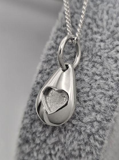 925 Sterling Silver, Tear of Love Memorial Pebble Heart Blank Bezel Pendant, Good for Pour Resin & Ashes Work, Keepsake/Breastmilk DIY Crafts