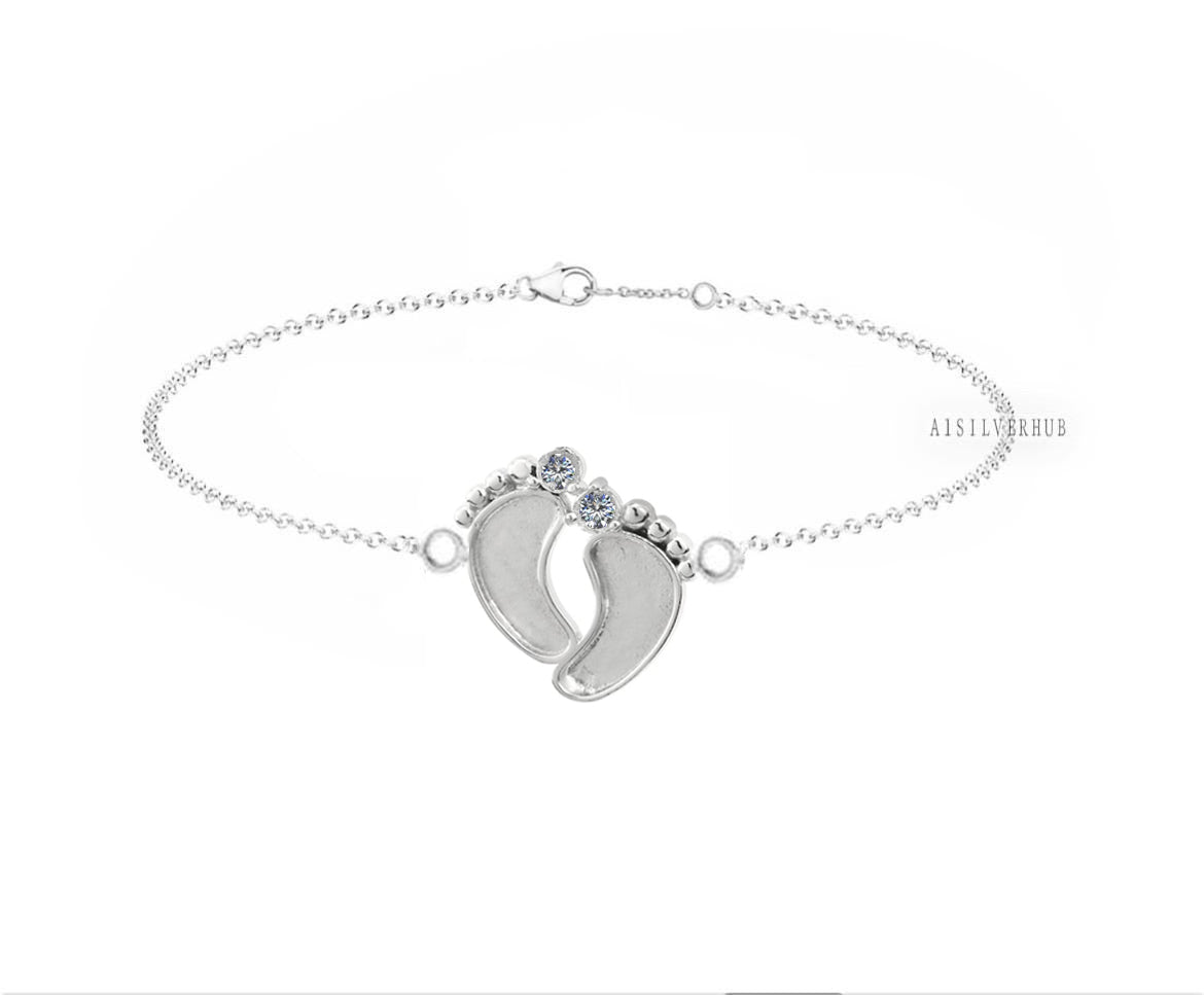 925 Sterling Silver Baby Foot Blank Bezel CZ Setted Chain Bracelet Settings with Lobster Clasp, Good for Resin & Ashes, Keepsake/Breastmilk DIY