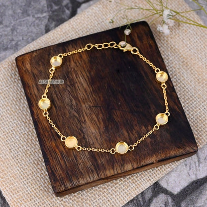 925 Sterling Silver 5mm Round 6 Blank Bezel Cable Chain Bracelet Setting with Lobster Clasp, Good for Resin & Ashes, Keepsake/Breastmilk DIY