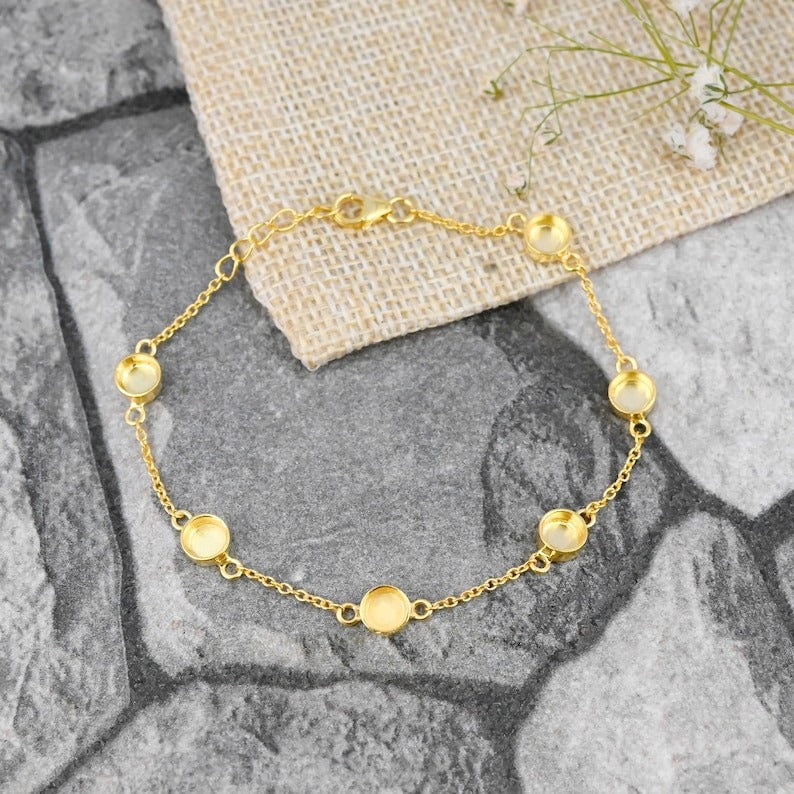 925 Sterling Silver 5mm Round 6 Blank Bezel Cable Chain Bracelet Setting with Lobster Clasp, Good for Resin & Ashes, Keepsake/Breastmilk DIY