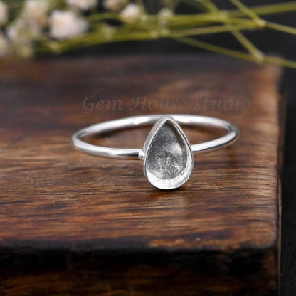 925 Sterling Solid Silver 6x4mm to 13x18mm Pear Blank Settings Stackable Ring, Good For Gemstone, Keepsake, Memorial DIY Crafts (Copy)