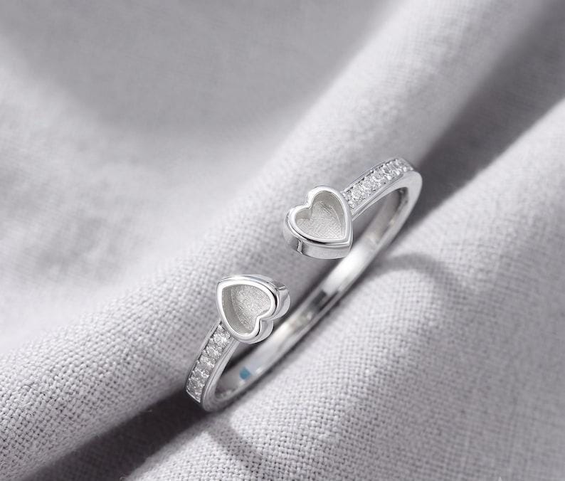 925 Sterling Solid Silver 3x3mm Heart Blank Bezel Adjustable Band CZ Ring, Good for Resin & Ashes Work, Breastmilk/Keepsake, Memorial DIY