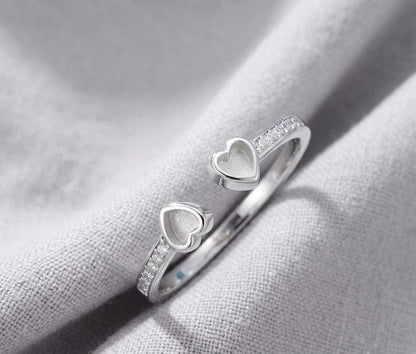 925 Sterling Solid Silver 3x3mm Heart Blank Bezel Adjustable Band CZ Ring, Good for Resin & Ashes Work, Breastmilk/Keepsake, Memorial DIY