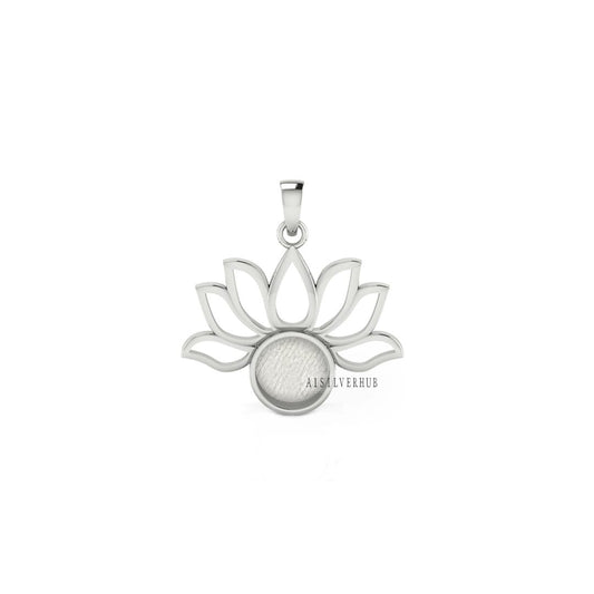 925 Sterling Solid Silver Lotus Flower 9mm Round Blank Bezel Pendant Settings, Good for Resin & Ashes Work, Breastmilk/Keepsake, DIY Crafts