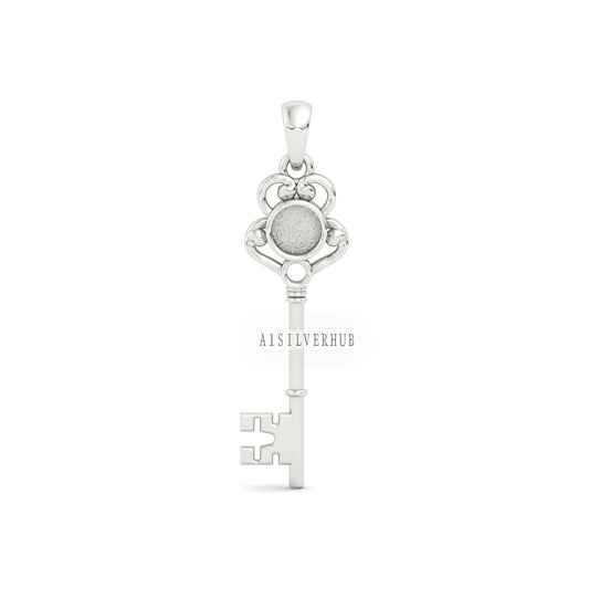 925 Sterling Solid Silver Key Design Memorial Round Blank Bezel Pendant, Good for Resin & Ashes Work, Keepsake/Breastmilk DIY Crafts. Locket